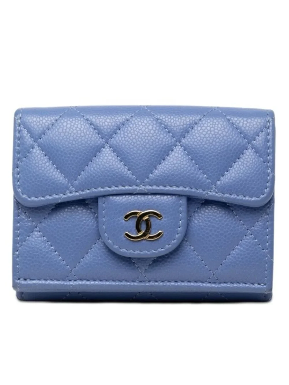 Chanel CC Logo Quilted Trifold Wallet Compact Blue Gold Caviar Leather